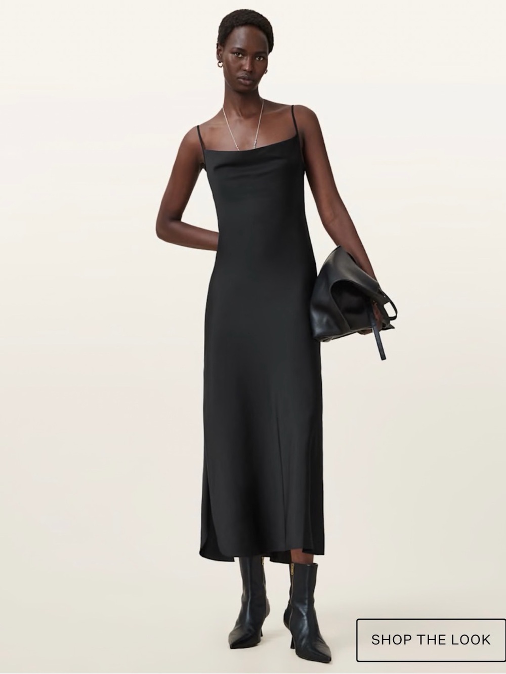 All Saints Hadley Slim Fit Black Slip Midi Dress with Spaghetti Straps